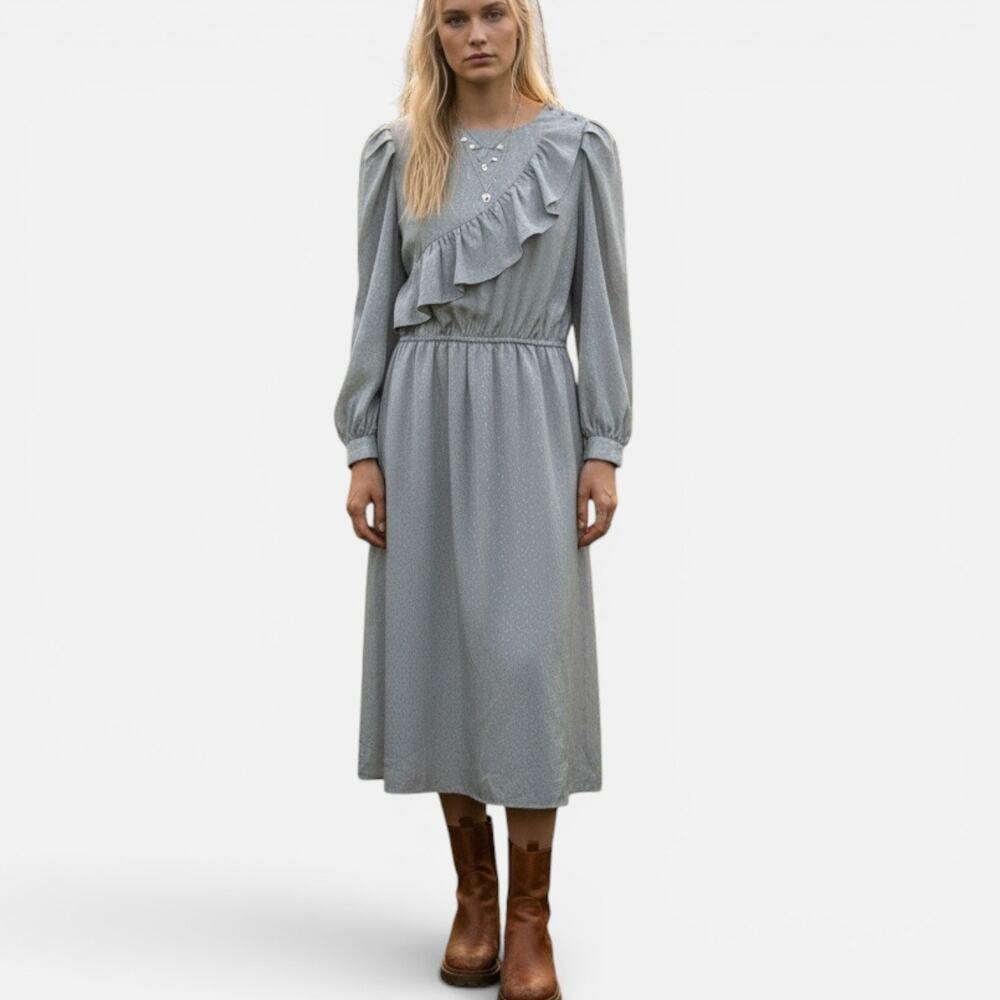 Vintage 80s Charlee Allison for Eljay Pale Silver-Blue Long Sleeve Dress Sz 11